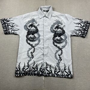City Impact Shirt Mens Medium Gray Dragon Flames Fire Graphic Button Up Y2K‎